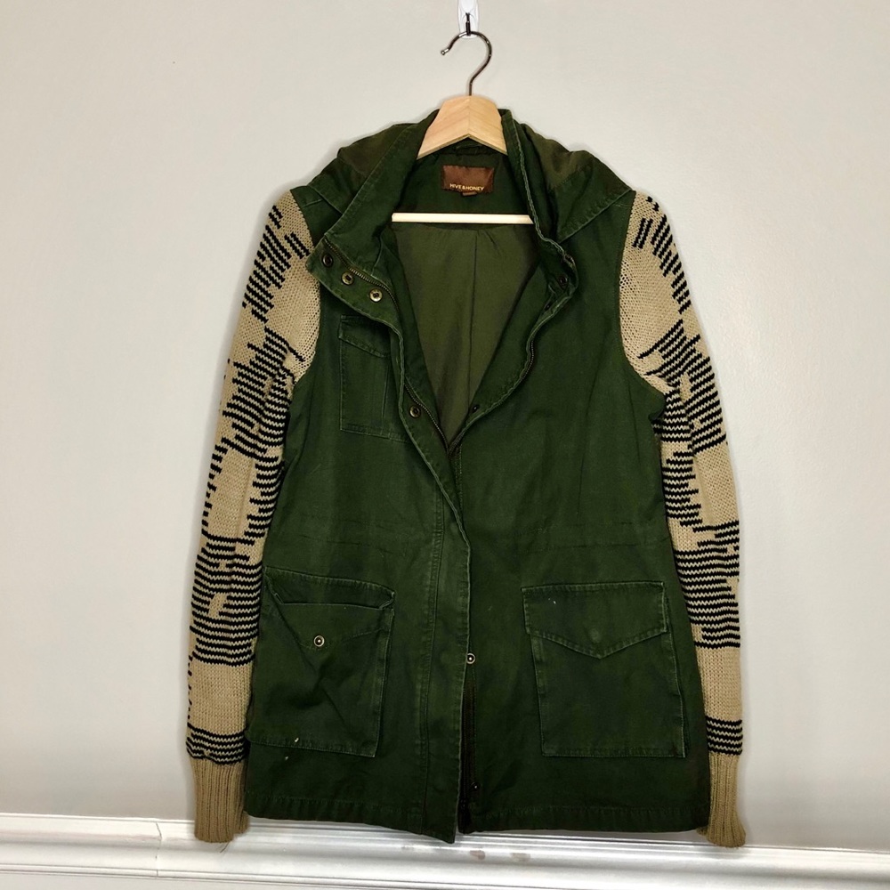 Utility Army Jacket with Knitted Sleeve